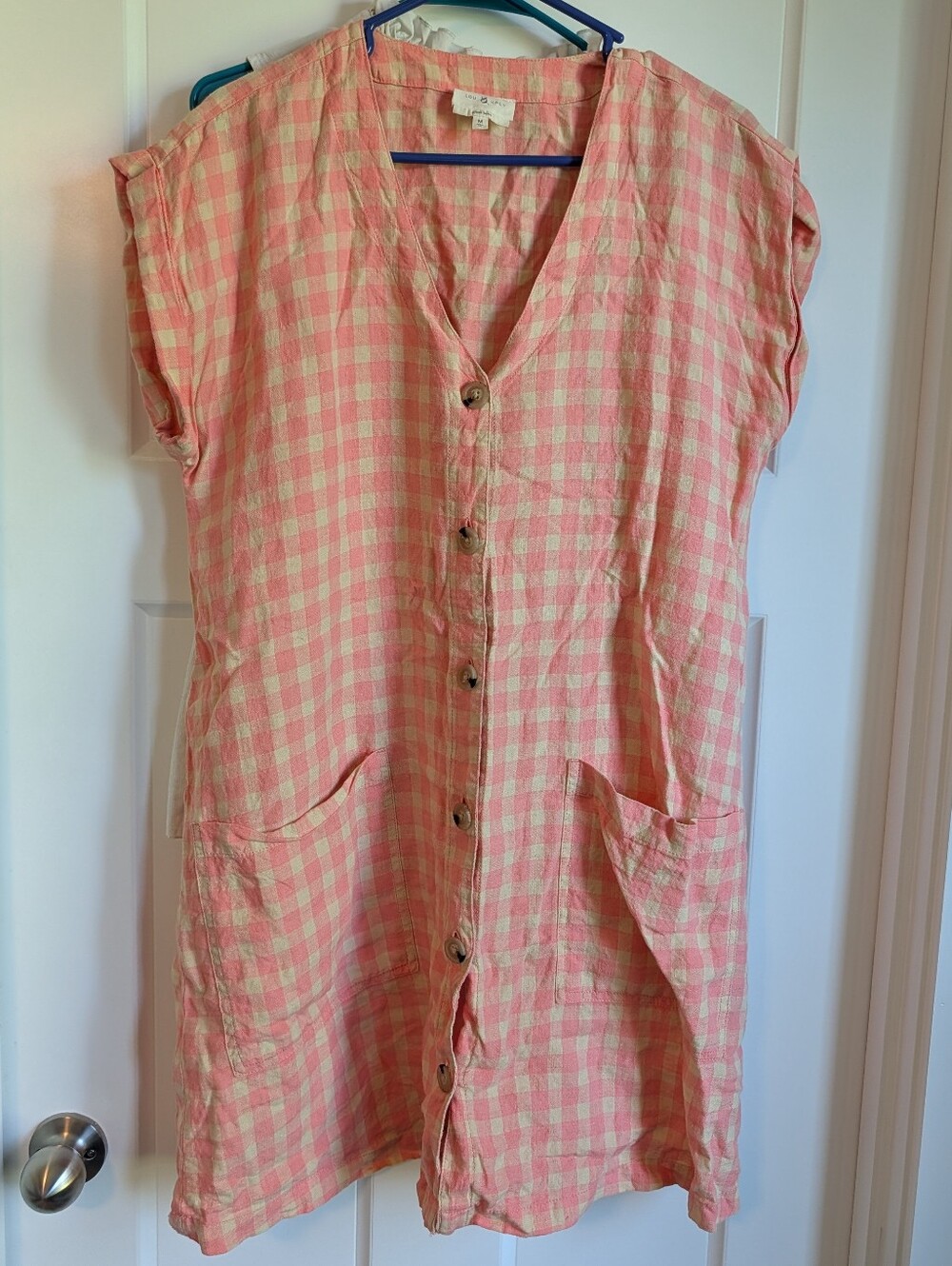 Lou & Grey Linen Pink and Cream Gingham Button-Front Dress